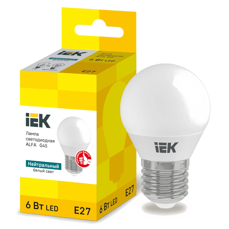 Лампа світлодіодна ІЕК G45, 6Вт, E27, 4000К (LLA-G45-6-230-40-E27)